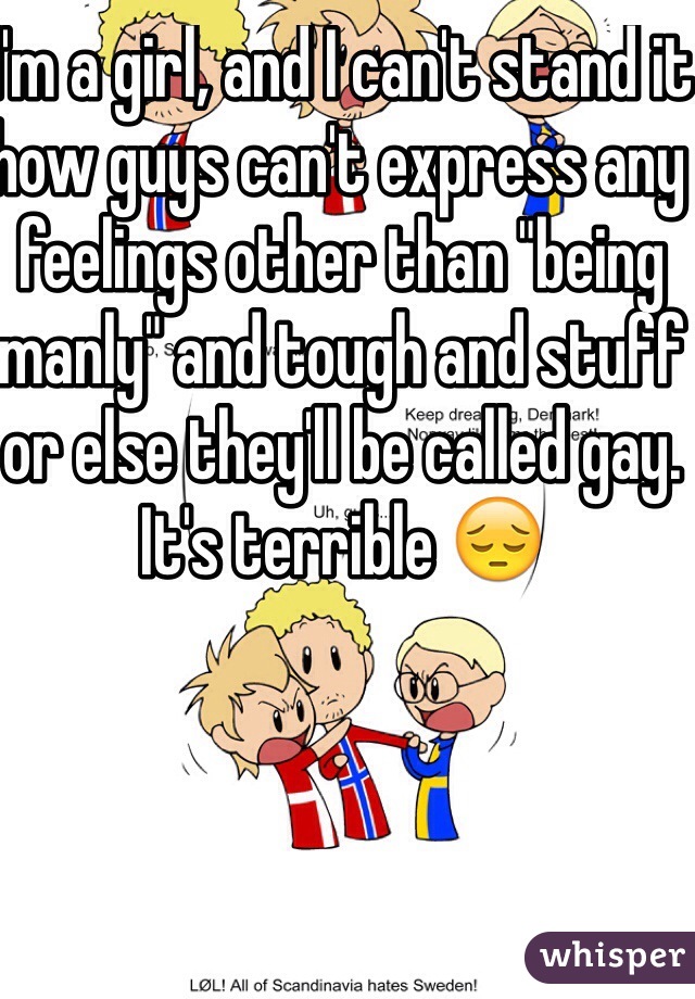 I'm a girl, and I can't stand it how guys can't express any feelings other than "being manly" and tough and stuff or else they'll be called gay. It's terrible 😔