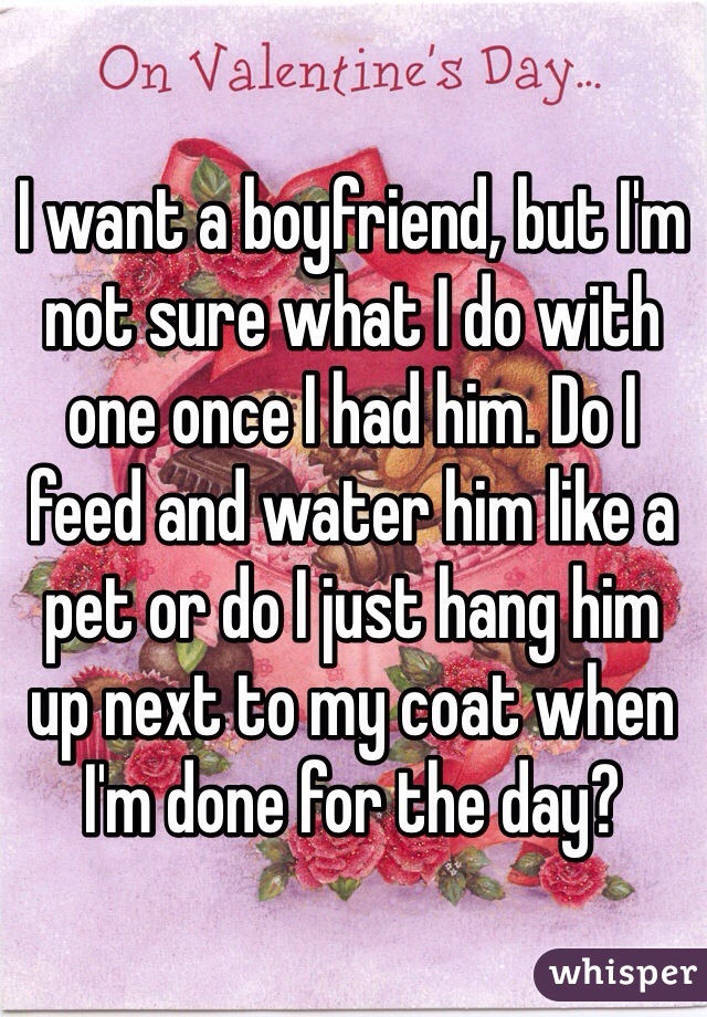 I want a boyfriend, but I'm not sure what I do with 
one once I had him. Do I 
feed and water him like a pet or do I just hang him 
up next to my coat when I'm done for the day?