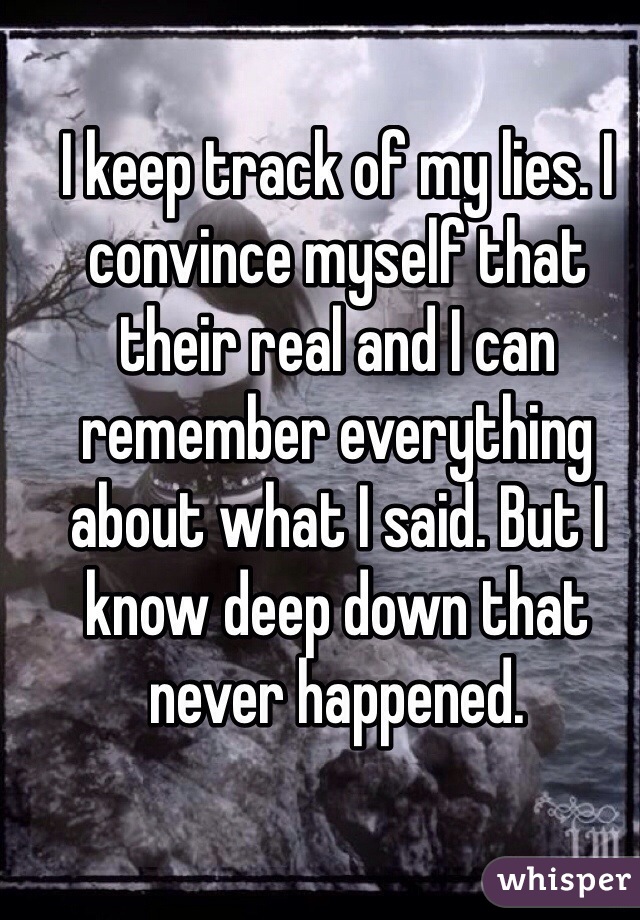 I keep track of my lies. I convince myself that their real and I can remember everything about what I said. But I know deep down that never happened. 