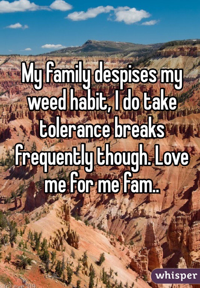 My family despises my weed habit, I do take tolerance breaks frequently though. Love me for me fam..