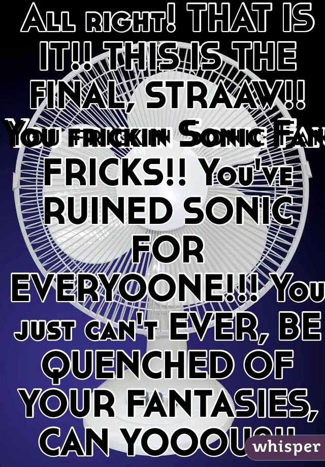 All right! THAT IS IT!! THIS IS THE FINAL, STRAAW!! You frickin Sonic Fan FRICKS!! You've RUINED SONIC FOR EVERYOONE!!! You just can't EVER, BE QUENCHED OF YOUR FANTASIES, CAN YOOOU?!!