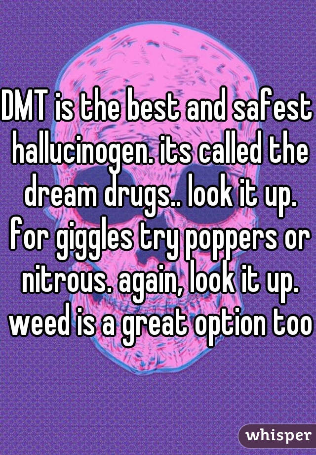 DMT is the best and safest hallucinogen. its called the dream drugs.. look it up. for giggles try poppers or nitrous. again, look it up. weed is a great option too