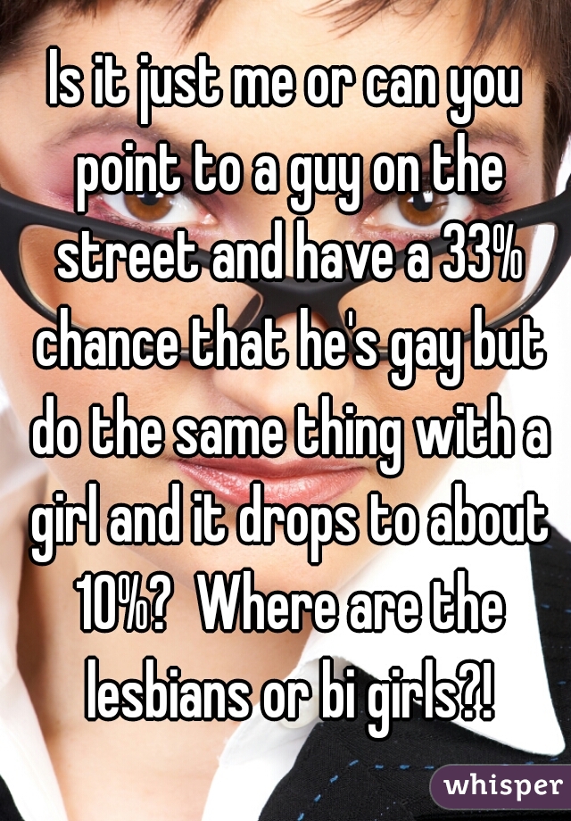 Is it just me or can you point to a guy on the street and have a 33% chance that he's gay but do the same thing with a girl and it drops to about 10%?  Where are the lesbians or bi girls?!