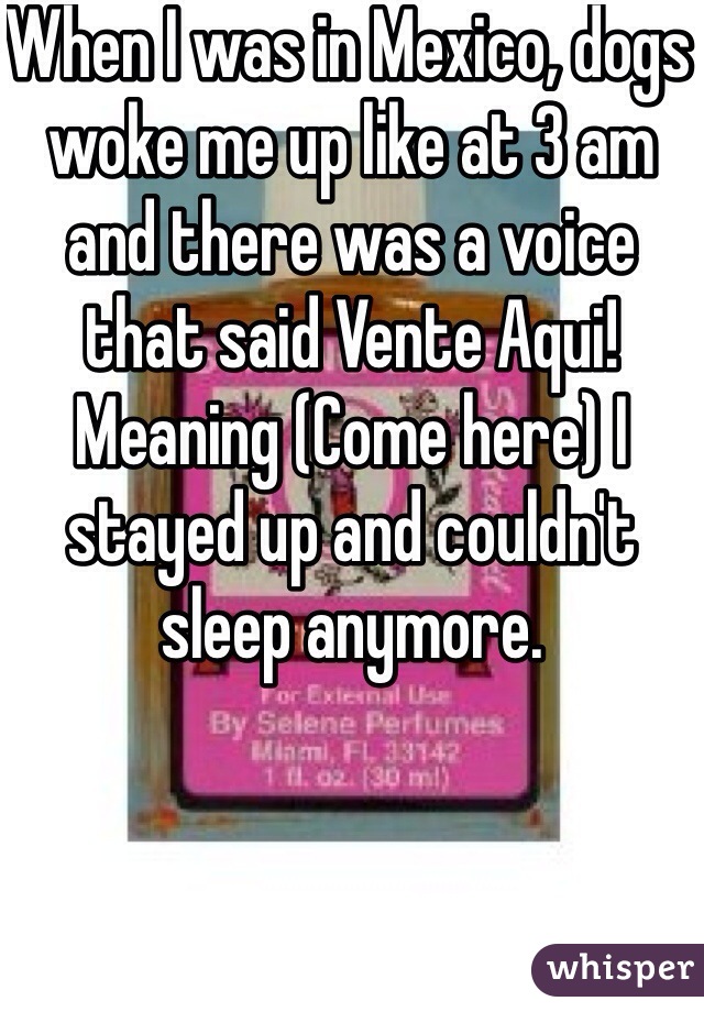 When I was in Mexico, dogs woke me up like at 3 am and there was a voice that said Vente Aqui! Meaning (Come here) I stayed up and couldn't sleep anymore.