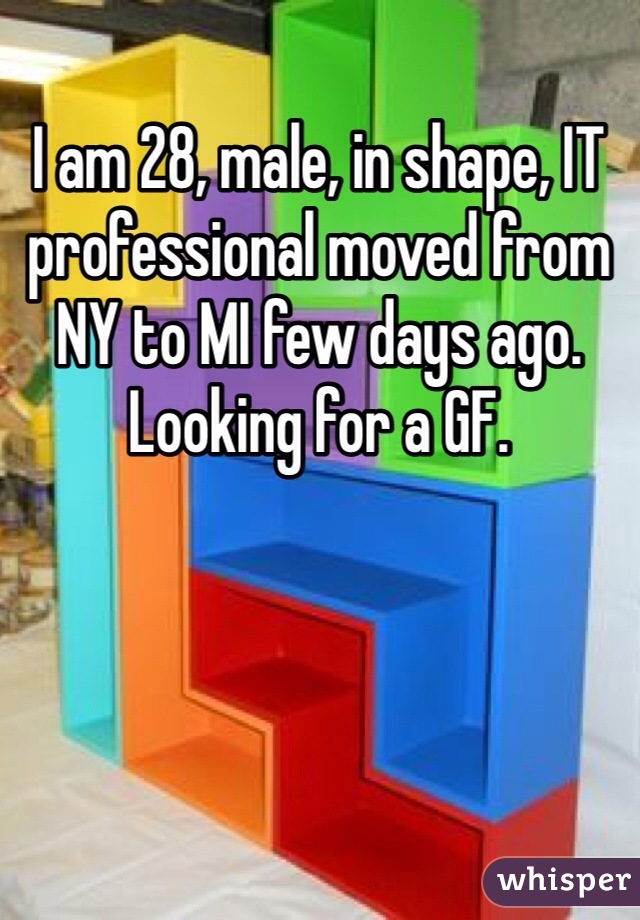 I am 28, male, in shape, IT professional moved from NY to MI few days ago. Looking for a GF. 