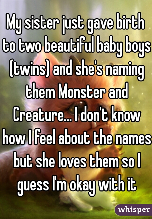My sister just gave birth to two beautiful baby boys (twins) and she's naming them Monster and Creature... I don't know how I feel about the names but she loves them so I guess I'm okay with it