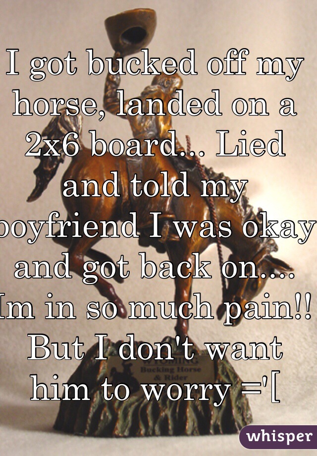 I got bucked off my horse, landed on a 2x6 board... Lied and told my boyfriend I was okay and got back on.... Im in so much pain!! But I don't want him to worry ='[ 