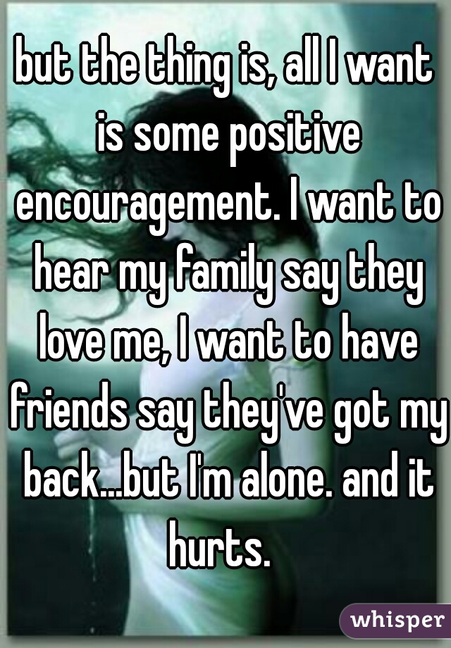 but the thing is, all I want is some positive encouragement. I want to hear my family say they love me, I want to have friends say they've got my back...but I'm alone. and it hurts.  