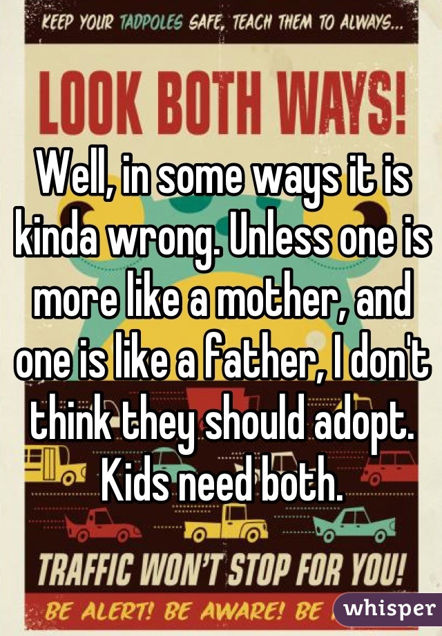 Well, in some ways it is kinda wrong. Unless one is more like a mother, and one is like a father, I don't think they should adopt. Kids need both.