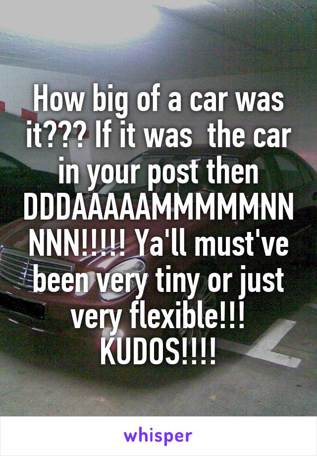 How big of a car was it??? If it was  the car in your post then DDDAAAAAMMMMMNNNNN!!!!! Ya'll must've been very tiny or just very flexible!!! KUDOS!!!!