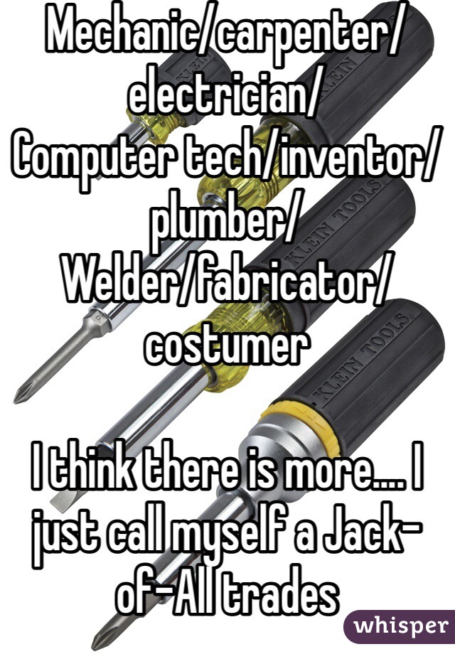 Mechanic/carpenter/electrician/
Computer tech/inventor/plumber/
Welder/fabricator/costumer

I think there is more.... I just call myself a Jack-of-All trades
