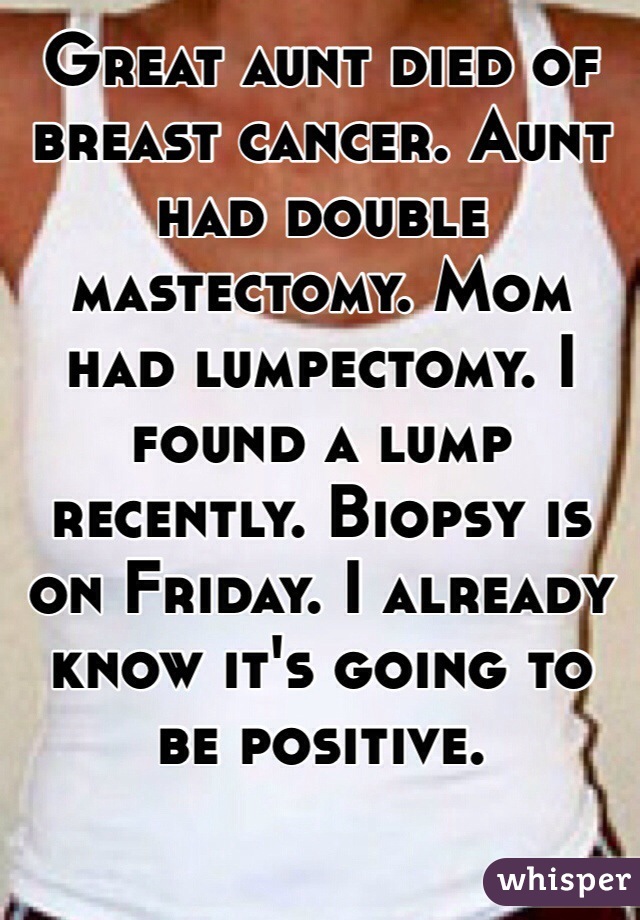 Great aunt died of breast cancer. Aunt had double mastectomy. Mom had lumpectomy. I found a lump recently. Biopsy is on Friday. I already know it's going to be positive. 