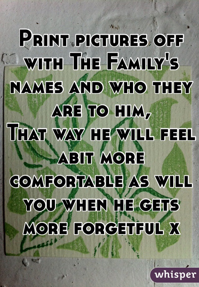 Print pictures off with The Family's names and who they are to him,
That way he will feel abit more comfortable as will you when he gets more forgetful x