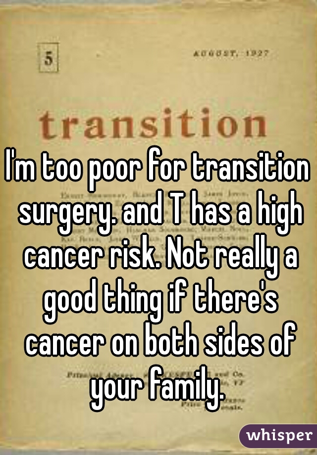 I'm too poor for transition surgery. and T has a high cancer risk. Not really a good thing if there's cancer on both sides of your family. 