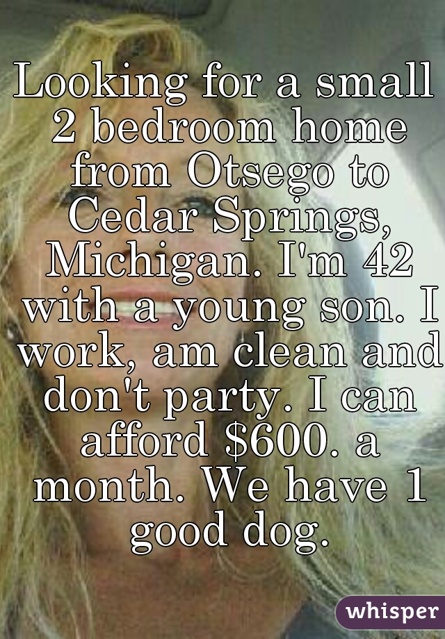 Looking for a small 2 bedroom home from Otsego to Cedar Springs, Michigan. I'm 42 with a young son. I work, am clean and don't party. I can afford $600. a month. We have 1 good dog.