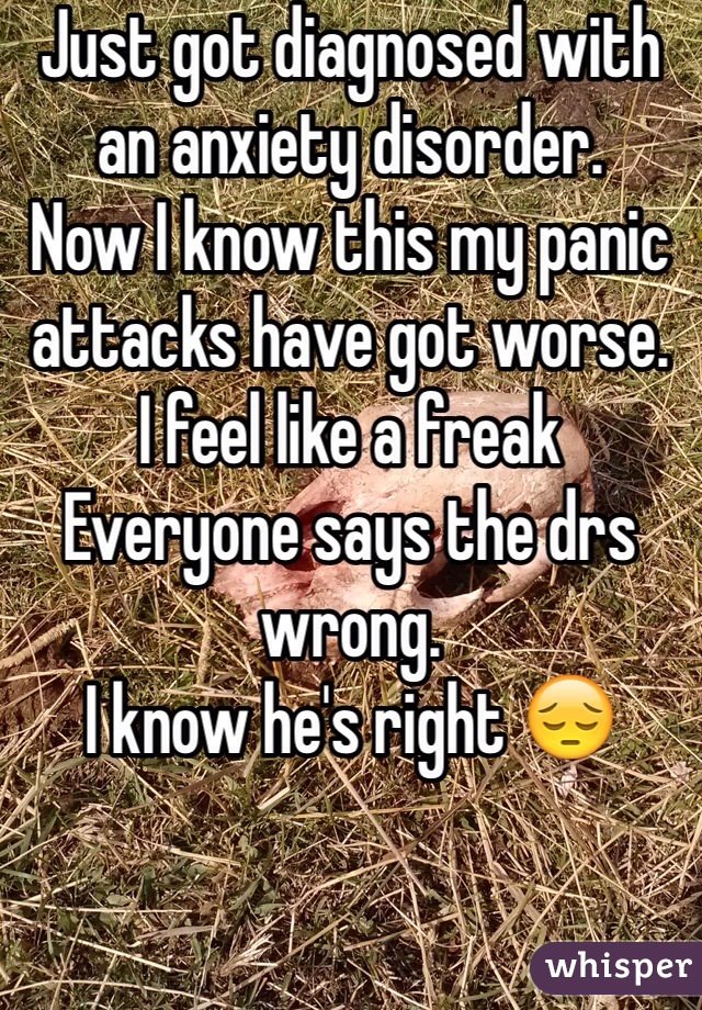 Just got diagnosed with an anxiety disorder. 
Now I know this my panic attacks have got worse.
I feel like a freak
Everyone says the drs wrong. 
I know he's right 😔