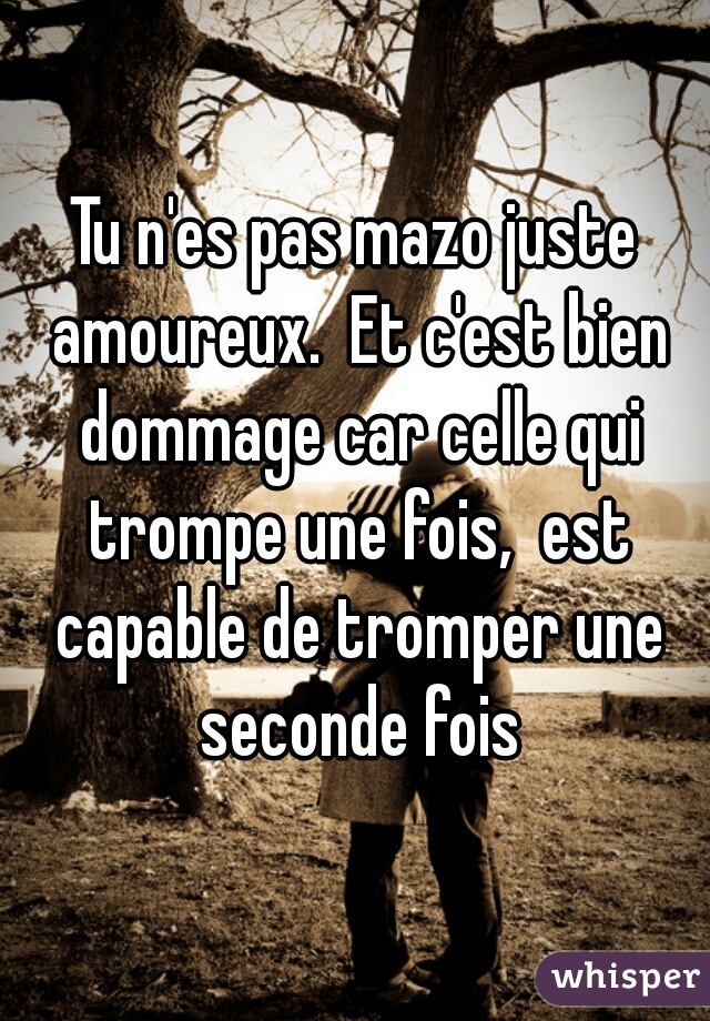 Tu n'es pas mazo juste amoureux.  Et c'est bien dommage car celle qui trompe une fois,  est capable de tromper une seconde fois