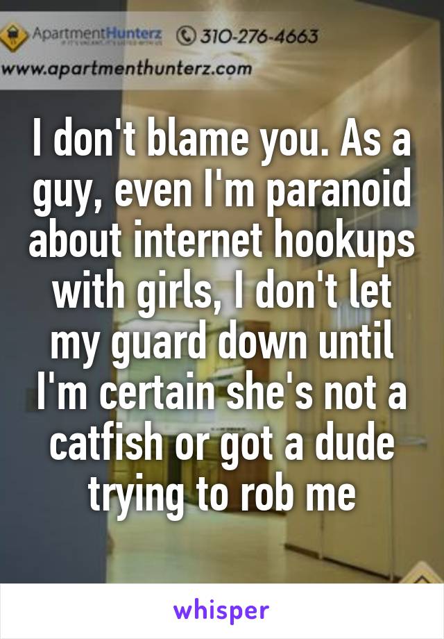 I don't blame you. As a guy, even I'm paranoid about internet hookups with girls, I don't let my guard down until I'm certain she's not a catfish or got a dude trying to rob me