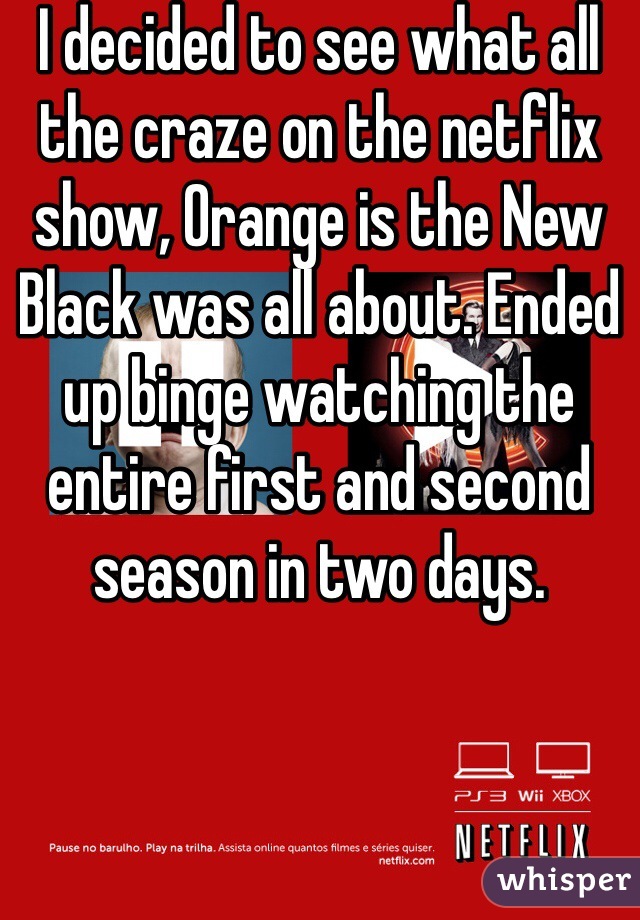 I decided to see what all the craze on the netflix show, Orange is the New Black was all about. Ended up binge watching the entire first and second season in two days.