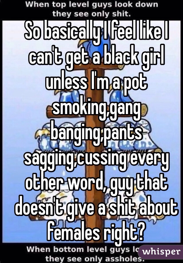 So basically I feel like I can't get a black girl unless I'm a pot smoking,gang banging,pants sagging,cussing every other word, guy that doesn't give a shit about females right? 