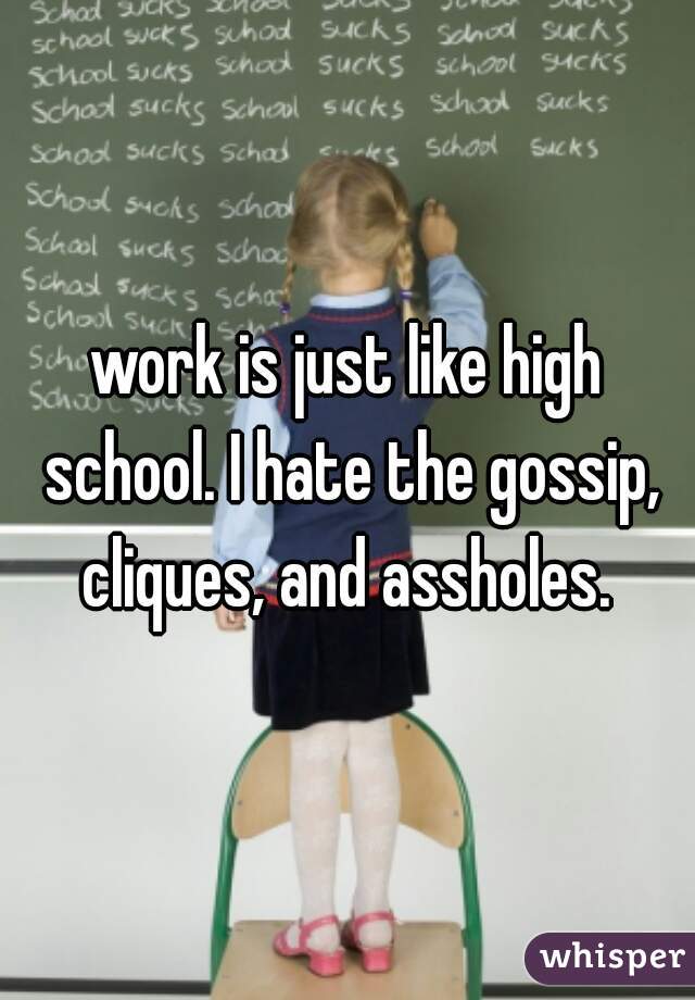 work is just like high school. I hate the gossip, cliques, and assholes. 