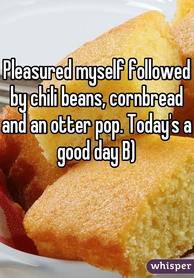 Pleasured myself followed by chili beans, cornbread and an otter pop. Today's a good day B)