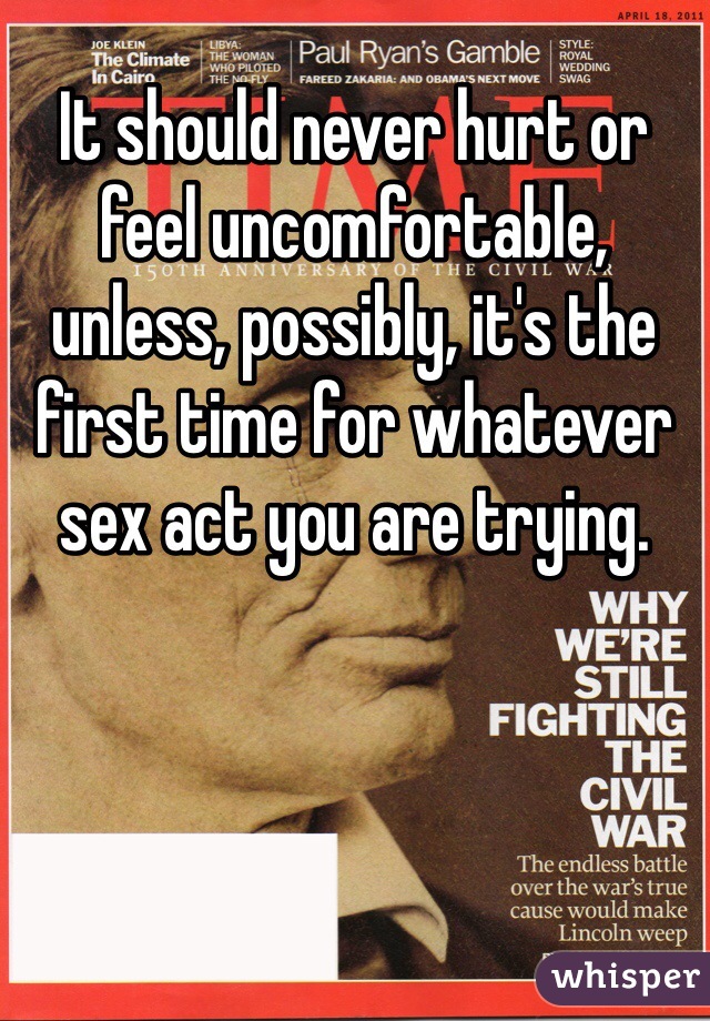 It should never hurt or feel uncomfortable, unless, possibly, it's the first time for whatever sex act you are trying.