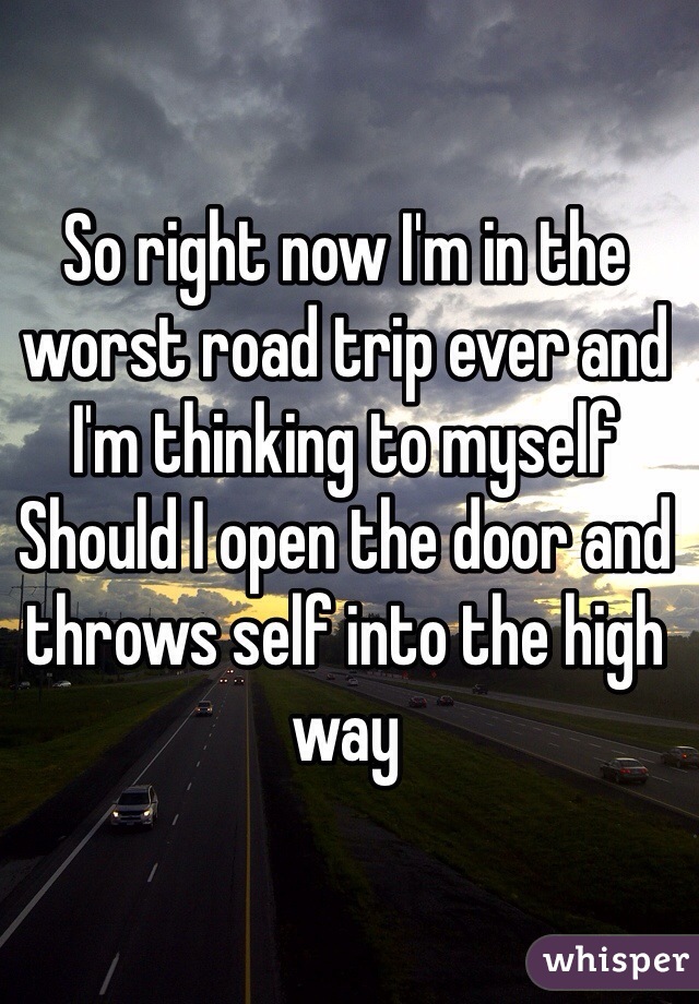 So right now I'm in the worst road trip ever and I'm thinking to myself 
Should I open the door and throws self into the high way 