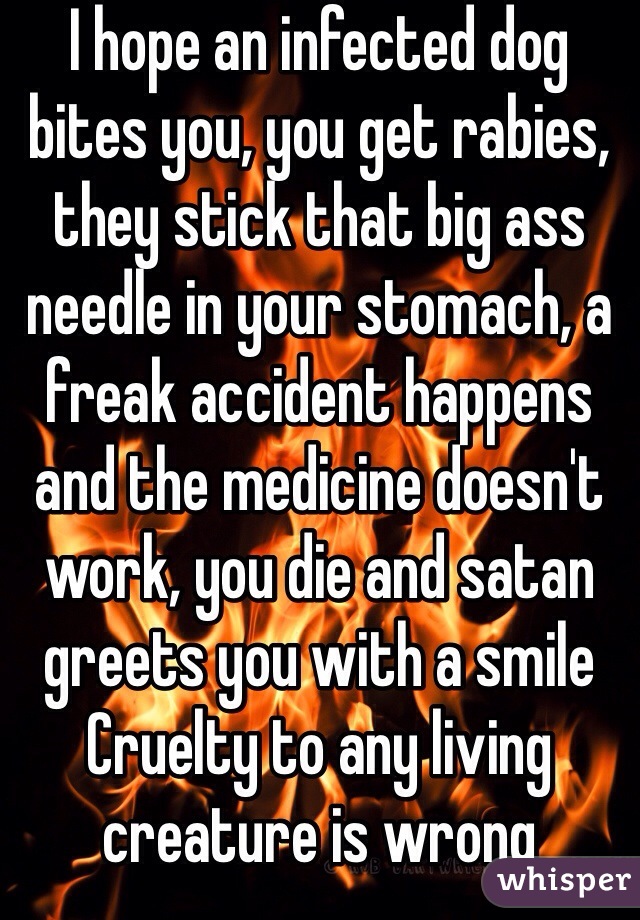 I hope an infected dog bites you, you get rabies, they stick that big ass needle in your stomach, a freak accident happens and the medicine doesn't work, you die and satan greets you with a smile 
Cruelty to any living creature is wrong bastard
