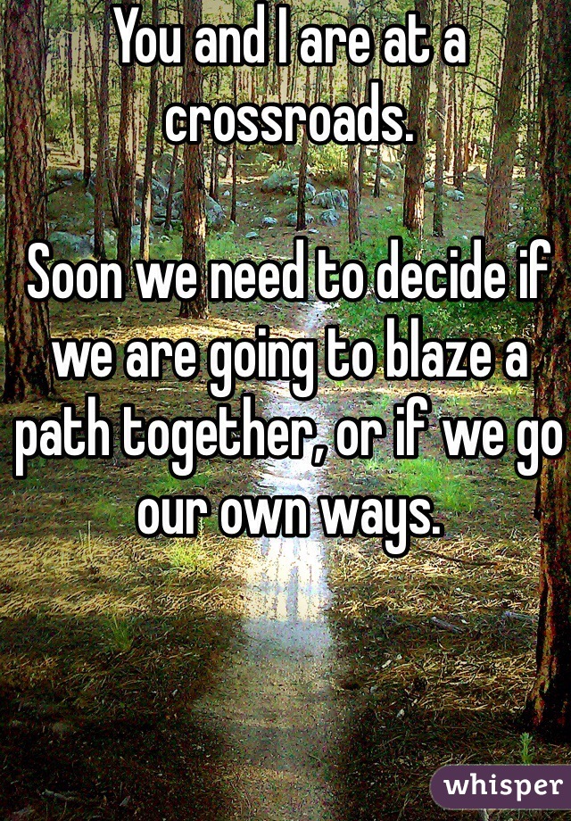 You and I are at a crossroads.

Soon we need to decide if we are going to blaze a path together, or if we go our own ways.