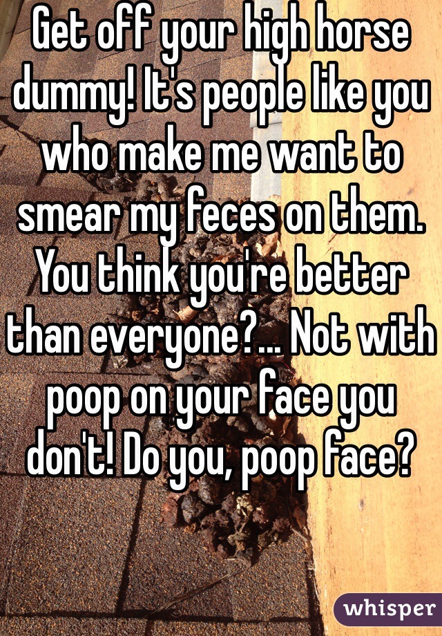 Get off your high horse dummy! It's people like you who make me want to smear my feces on them. You think you're better than everyone?... Not with poop on your face you don't! Do you, poop face?
