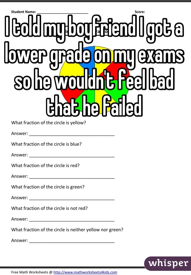 I told my boyfriend I got a lower grade on my exams so he wouldn't feel bad that he failed