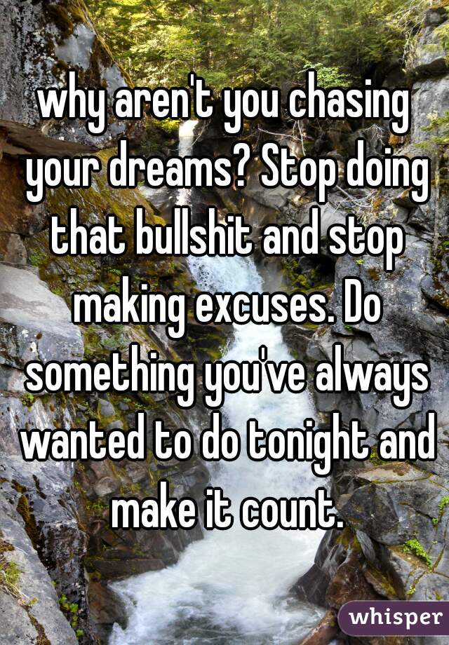 why aren't you chasing your dreams? Stop doing that bullshit and stop making excuses. Do something you've always wanted to do tonight and make it count.