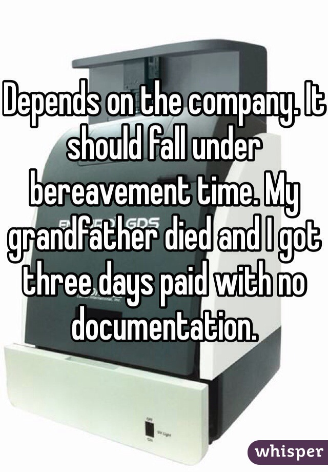 Depends on the company. It should fall under bereavement time. My grandfather died and I got three days paid with no documentation.  