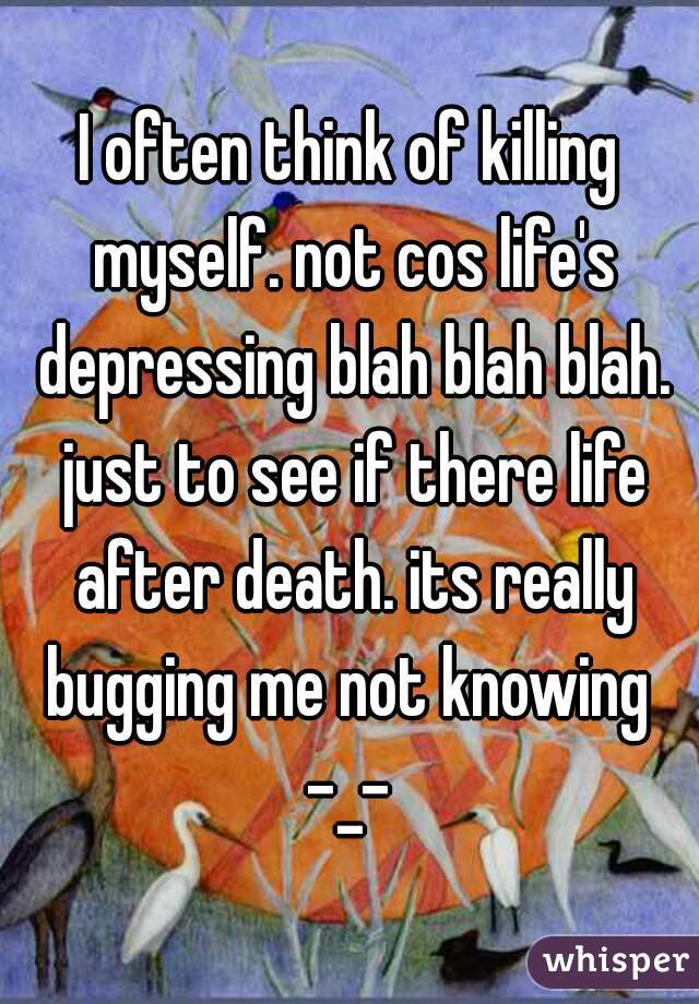 I often think of killing myself. not cos life's depressing blah blah blah. just to see if there life after death. its really bugging me not knowing 
-_-