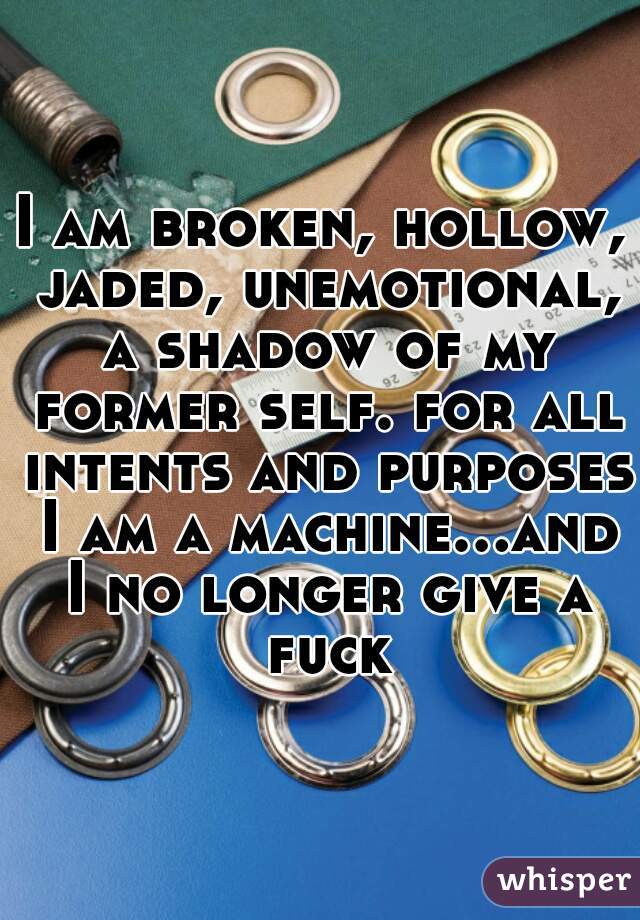 I am broken, hollow, jaded, unemotional, a shadow of my former self. for all intents and purposes I am a machine...and I no longer give a fuck
