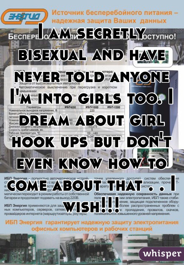 I am secretly bisexual and have never told anyone I'm into girls too. I dream about girl hook ups but don't even know how to come about that . . I wish!!! 