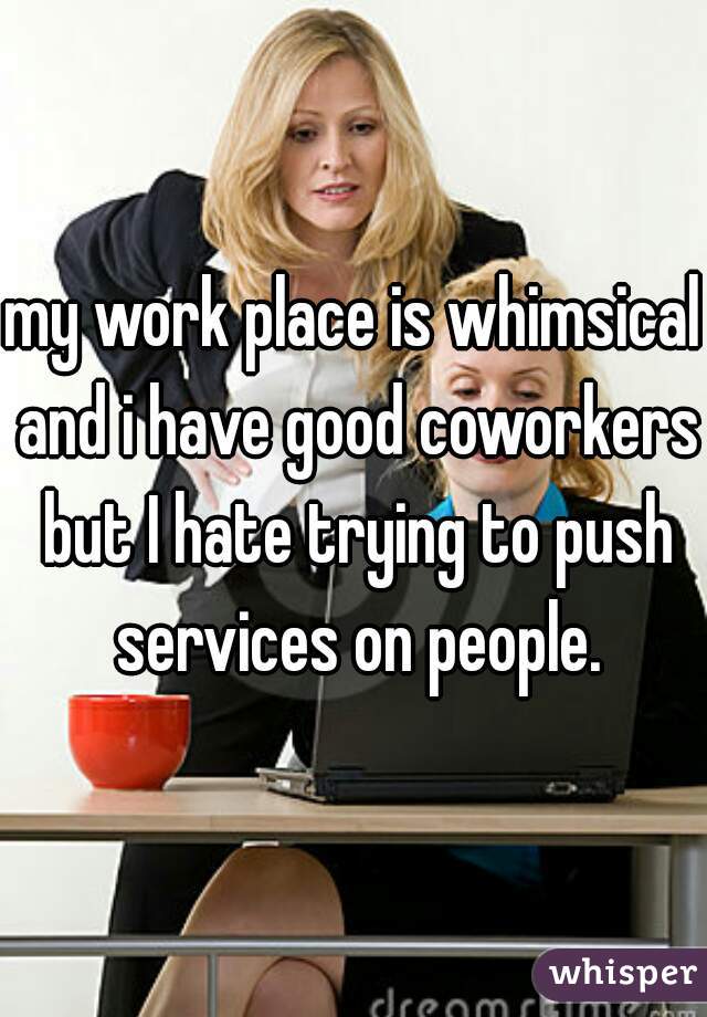 my work place is whimsical and i have good coworkers but I hate trying to push services on people.