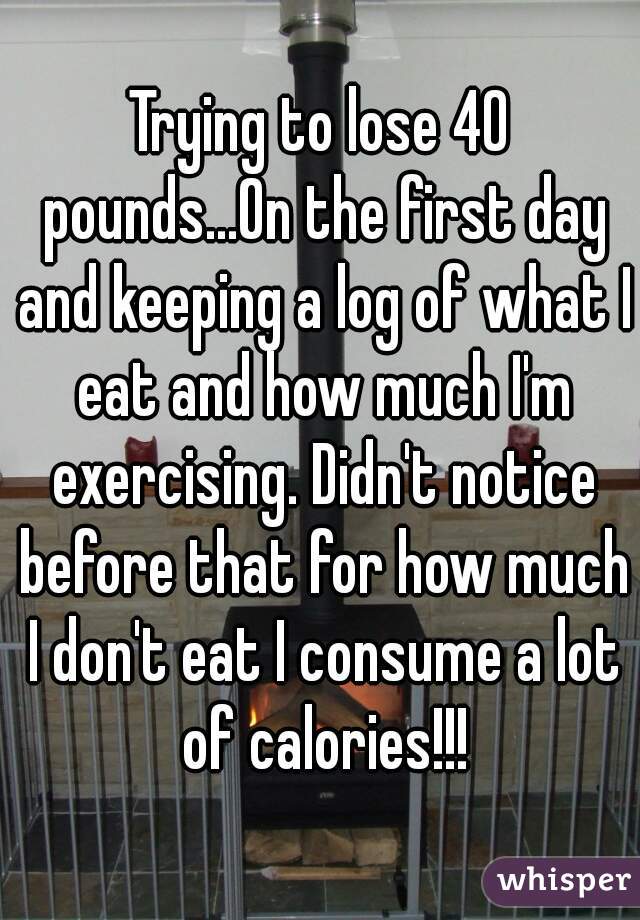 Trying to lose 40 pounds...On the first day and keeping a log of what I eat and how much I'm exercising. Didn't notice before that for how much I don't eat I consume a lot of calories!!!
