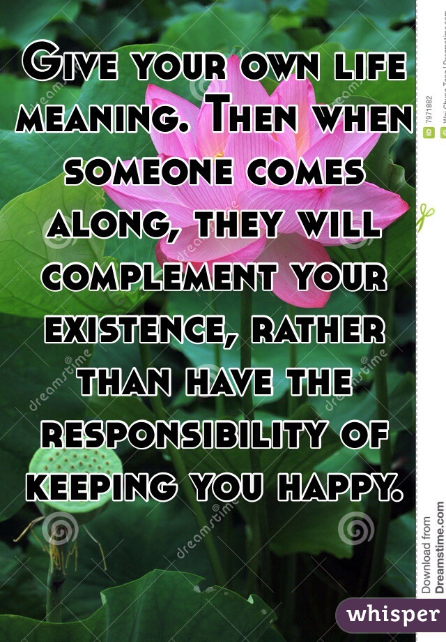 Give your own life meaning. Then when someone comes along, they will complement your existence, rather than have the responsibility of keeping you happy.
