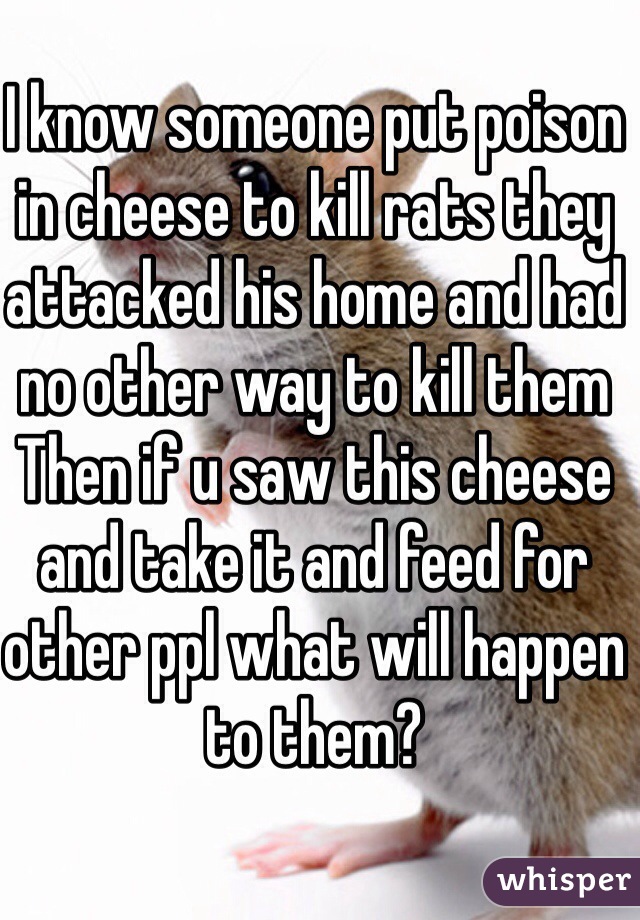 I know someone put poison in cheese to kill rats they attacked his home and had no other way to kill them
Then if u saw this cheese and take it and feed for other ppl what will happen to them? 