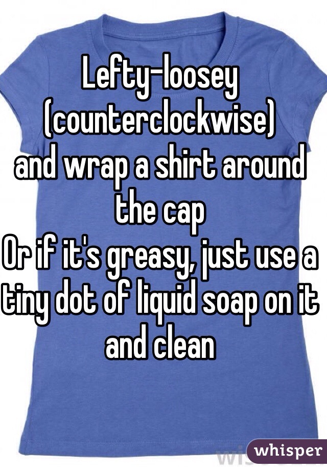 Lefty-loosey (counterclockwise)
and wrap a shirt around the cap
Or if it's greasy, just use a tiny dot of liquid soap on it and clean 