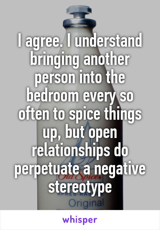 I agree. I understand bringing another person into the bedroom every so often to spice things up, but open relationships do perpetuate a negative stereotype