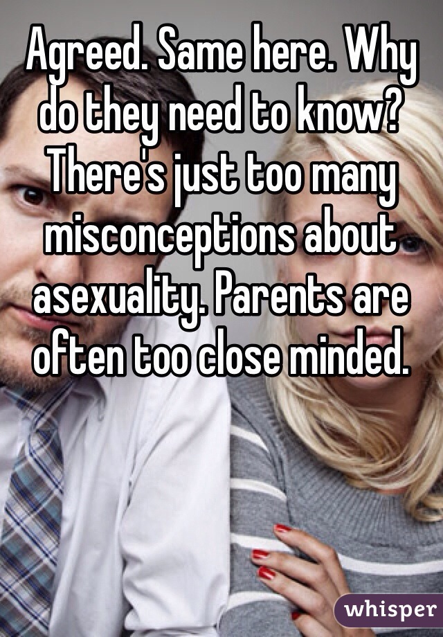 Agreed. Same here. Why do they need to know? There's just too many misconceptions about asexuality. Parents are often too close minded.
