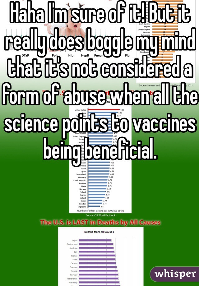 Haha I'm sure of it! But it really does boggle my mind that it's not considered a form of abuse when all the science points to vaccines being beneficial.