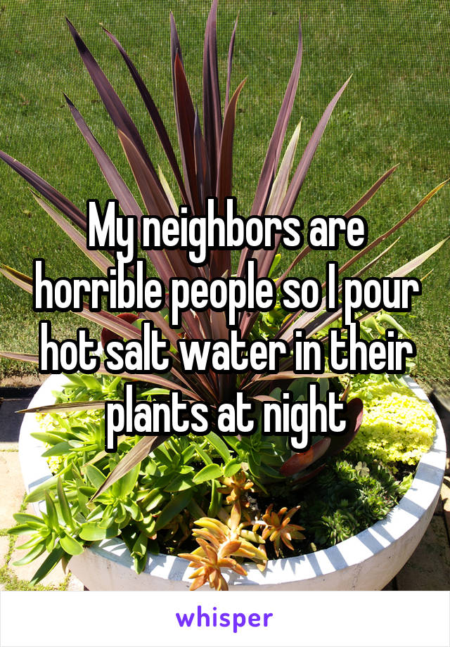 My neighbors are horrible people so I pour hot salt water in their plants at night