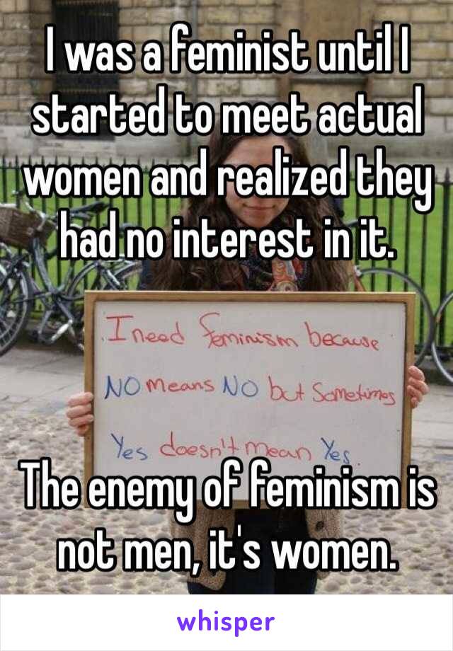 I was a feminist until I started to meet actual women and realized they had no interest in it. 



The enemy of feminism is not men, it's women. 