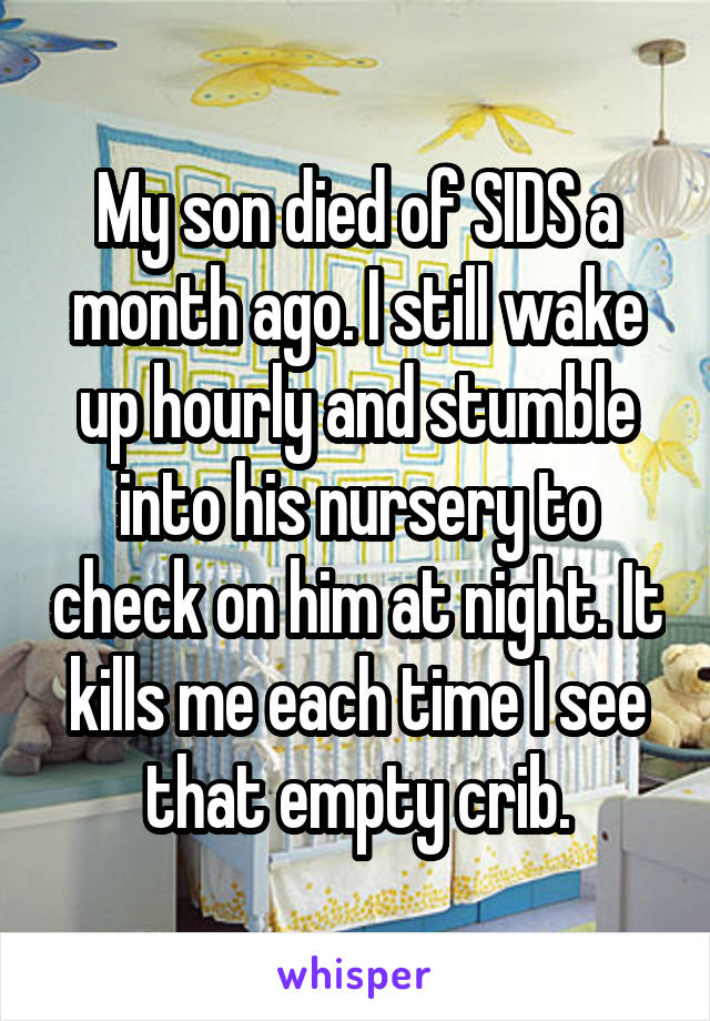 My son died of SIDS a month ago. I still wake up hourly and stumble into his nursery to check on him at night. It kills me each time I see that empty crib.