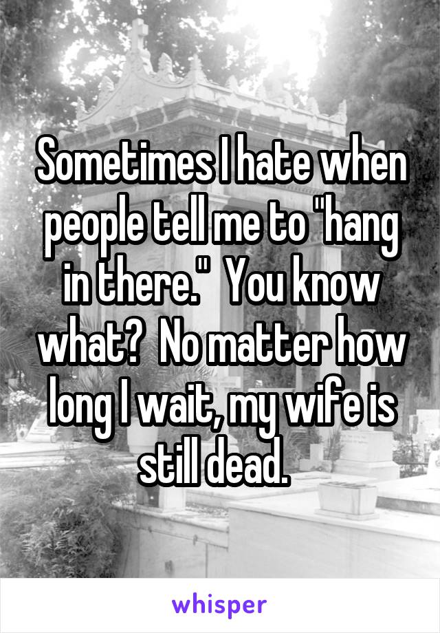 Sometimes I hate when people tell me to "hang in there."  You know what?  No matter how long I wait, my wife is still dead.  