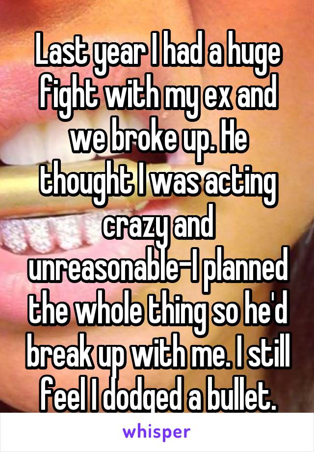 Last year I had a huge fight with my ex and we broke up. He thought I was acting crazy and unreasonable-I planned the whole thing so he'd break up with me. I still feel I dodged a bullet.